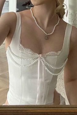 Square-Neck Lace-Trim Faux Pearl Bow Corset Tank - Y2K Fashion Aesthetic Top