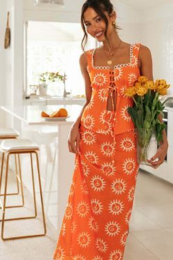 Square Collar Top & Printed Long 2-Piece Dress - Y2K Coquette Grunge Aesthetic