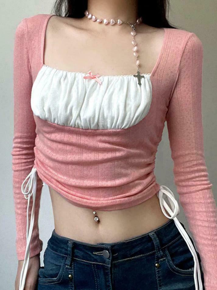 Square Neck Contrast Color Splice Drawstring Long Sleeve Knit Sweater Square Neck Contrast Color Splice Drawstring Long Sleeve Knit Sweater