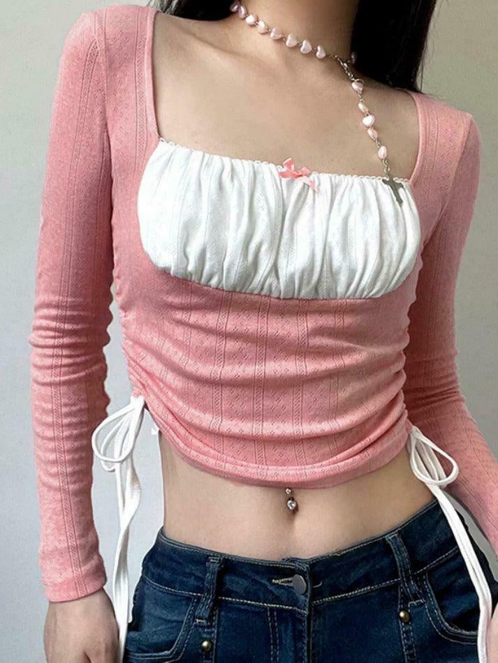 Square Neck Contrast Color Splice Drawstring Long Sleeve Knit Sweater Square Neck Contrast Color Splice Drawstring Long Sleeve Knit Sweater