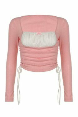 Square Neck Contrast Color Splice Drawstring Long Sleeve Knit Sweater