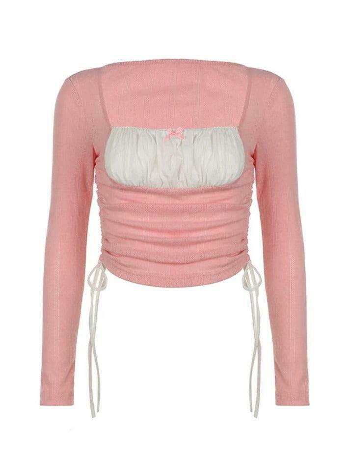 Square Neck Contrast Color Splice Drawstring Long Sleeve Knit Sweater Square Neck Contrast Color Splice Drawstring Long Sleeve Knit Sweater