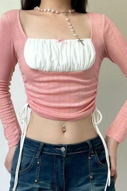 Square Neck Contrast Color Splice Drawstring Long Sleeve Knit Sweater