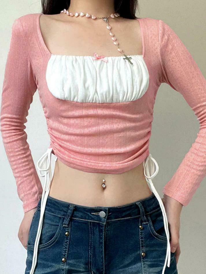 Square Neck Contrast Color Splice Drawstring Long Sleeve Knit Sweater Square Neck Contrast Color Splice Drawstring Long Sleeve Knit Sweater