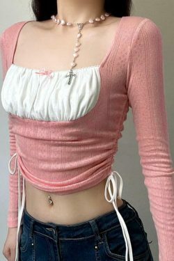 Square Neck Contrast Color Splice Drawstring Long Sleeve Knit Sweater