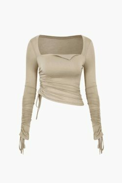 Square Neck Drawstring Ruched Top - Y2K Fashion Aesthetic with Coquette and Grunge Vibes