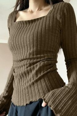 Square Neck Flare Sleeve Slim Knit - Y2K Fashion Coquette Aesthetic Grunge Style Cute Tops Pastel