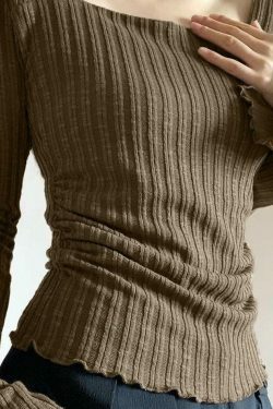 Square Neck Flare Sleeve Slim Knit - Y2K Fashion Coquette Aesthetic Grunge Style Cute Tops Pastel