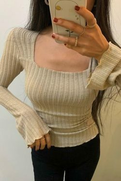 Square Neck Flare Sleeve Slim Knit - Y2K Fashion Coquette Aesthetic Grunge Style Cute Tops Pastel