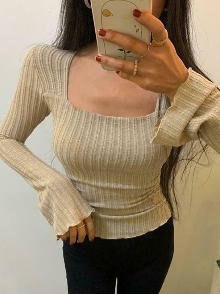 Square Neck Flare Sleeve Slim Knit - Y2K Fashion Coquette Aesthetic Grunge Style Cute Tops Pastel Square Neck Flare Sleeve Slim Knit - Y2K Fashion Coquette Aesthetic Grunge Style Cute Tops Pastel