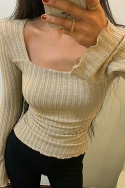 Square Neck Flare Sleeve Slim Knit - Y2K Fashion Coquette Aesthetic Grunge Style Cute Tops Pastel