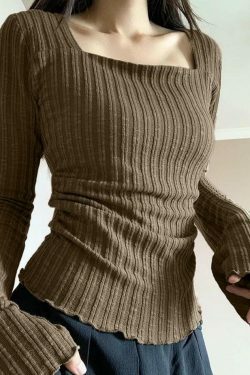 Square Neck Flare Sleeve Slim Knit - Y2K Fashion Coquette Aesthetic Grunge Style Cute Tops Pastel