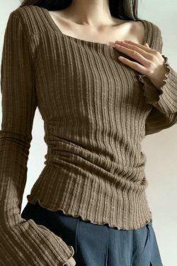 Square Neck Flare Sleeve Slim Knit - Y2K Fashion Coquette Aesthetic Grunge Style Cute Tops Pastel