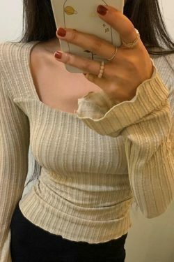 Square Neck Flare Sleeve Slim Knit - Y2K Fashion Coquette Aesthetic Grunge Style Cute Tops Pastel