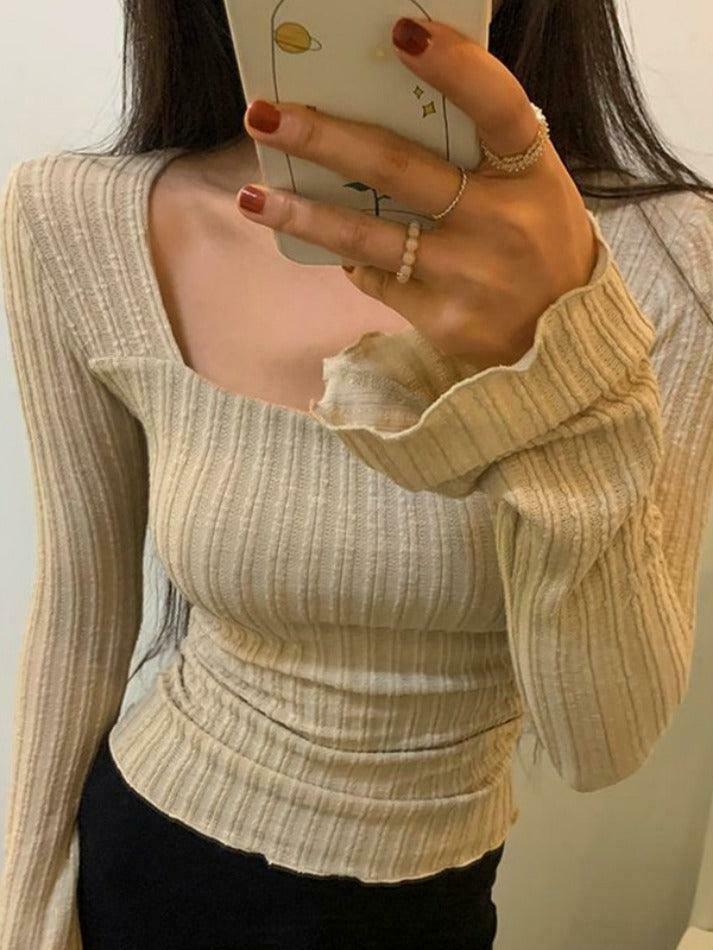 Square Neck Flare Sleeve Slim Knit - Y2K Fashion Coquette Aesthetic Grunge Style Cute Tops Pastel Square Neck Flare Sleeve Slim Knit - Y2K Fashion Coquette Aesthetic Grunge Style Cute Tops Pastel