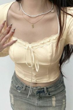 Square Neck Lace Splice Tie Front Long Sleeve Tee - Y2K Fashion Coquette Aesthetic Grunge Style