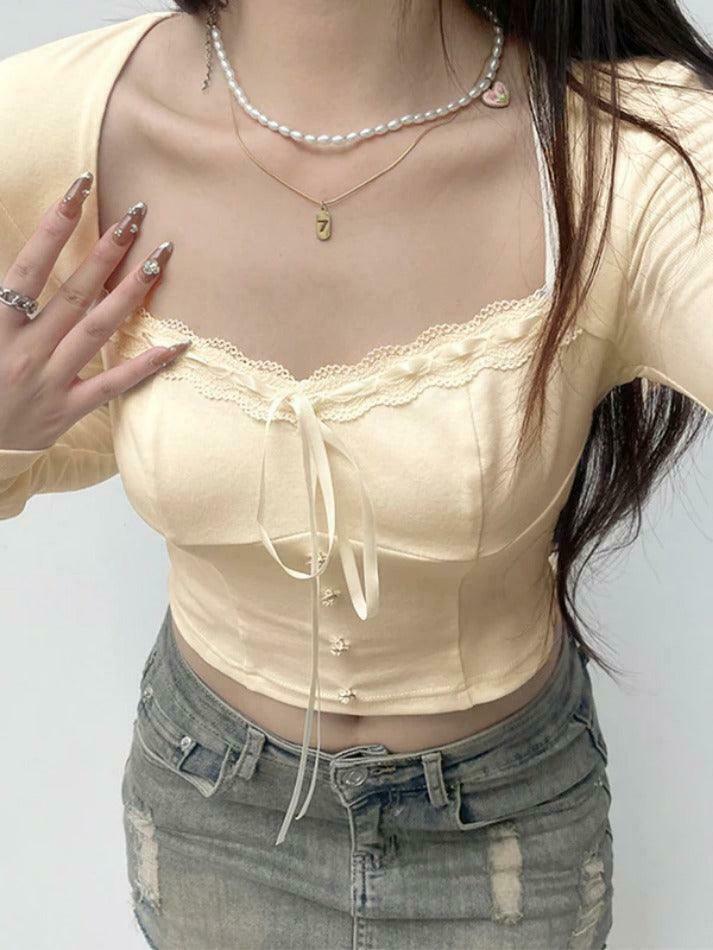 Square Neck Lace Splice Tie Front Long Sleeve Tee - Y2K Fashion Coquette Aesthetic Grunge Style Square Neck Lace Splice Tie Front Long Sleeve Tee - Y2K Fashion Coquette Aesthetic Grunge Style