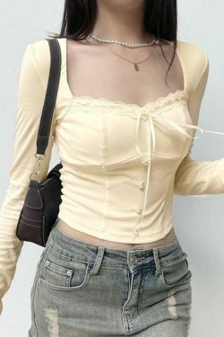 Square Neck Lace Splice Tie Front Long Sleeve Tee - Y2K Fashion Coquette Aesthetic Grunge Style