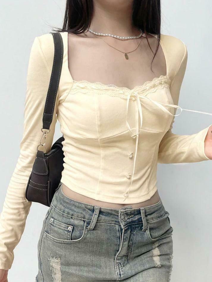 Square Neck Lace Splice Tie Front Long Sleeve Tee - Y2K Fashion Coquette Aesthetic Grunge Style Square Neck Lace Splice Tie Front Long Sleeve Tee - Y2K Fashion Coquette Aesthetic Grunge Style