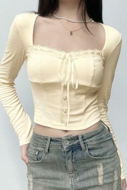 Square Neck Lace Splice Tie Front Long Sleeve Tee - Y2K Fashion Coquette Aesthetic Grunge Style