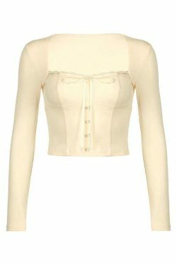 Square Neck Lace Splice Tie Front Long Sleeve Tee - Y2K Fashion Coquette Aesthetic Grunge Style