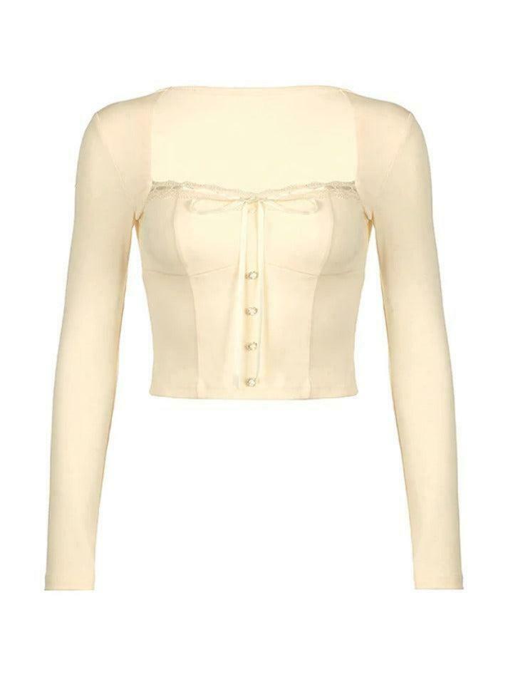 Square Neck Lace Splice Tie Front Long Sleeve Tee - Y2K Fashion Coquette Aesthetic Grunge Style Square Neck Lace Splice Tie Front Long Sleeve Tee - Y2K Fashion Coquette Aesthetic Grunge Style