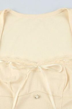 Square Neck Lace Splice Tie Front Long Sleeve Tee - Y2K Fashion Coquette Aesthetic Grunge Style