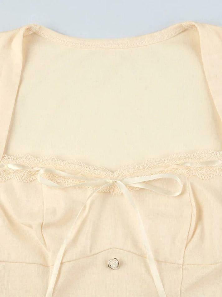 Square Neck Lace Splice Tie Front Long Sleeve Tee - Y2K Fashion Coquette Aesthetic Grunge Style Square Neck Lace Splice Tie Front Long Sleeve Tee - Y2K Fashion Coquette Aesthetic Grunge Style