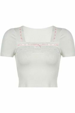 Square Neck Lace Trim Tee: Y2K Fashion Aesthetic Top for Women - Coquette & Grunge Style