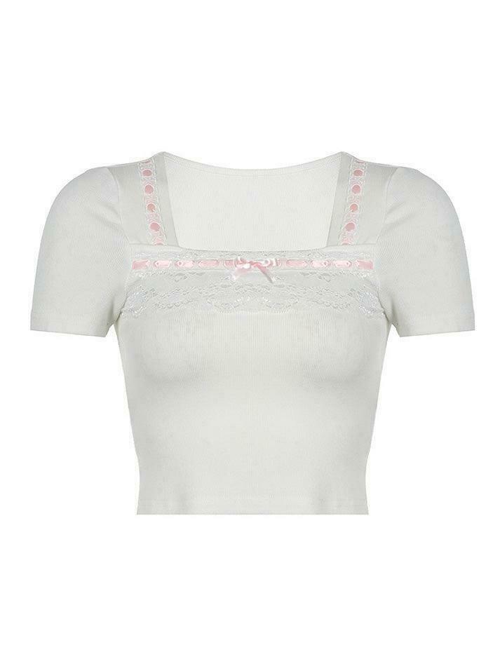 Square Neck Lace Trim Tee: Y2K Fashion Aesthetic Top for Women - Coquette & Grunge Style Square Neck Lace Trim Tee: Y2K Fashion Aesthetic Top for Women - Coquette & Grunge Style