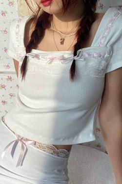 Square Neck Lace Trim Tee: Y2K Fashion Aesthetic Top for Women - Coquette & Grunge Style