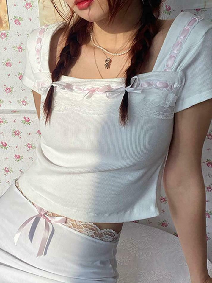 Square Neck Lace Trim Tee: Y2K Fashion Aesthetic Top for Women - Coquette & Grunge Style Square Neck Lace Trim Tee: Y2K Fashion Aesthetic Top for Women - Coquette & Grunge Style