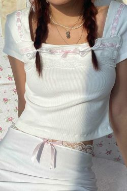 Square Neck Lace Trim Tee: Y2K Fashion Aesthetic Top for Women - Coquette & Grunge Style