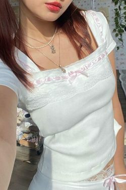 Square Neck Lace Trim Tee: Y2K Fashion Aesthetic Top for Women - Coquette & Grunge Style