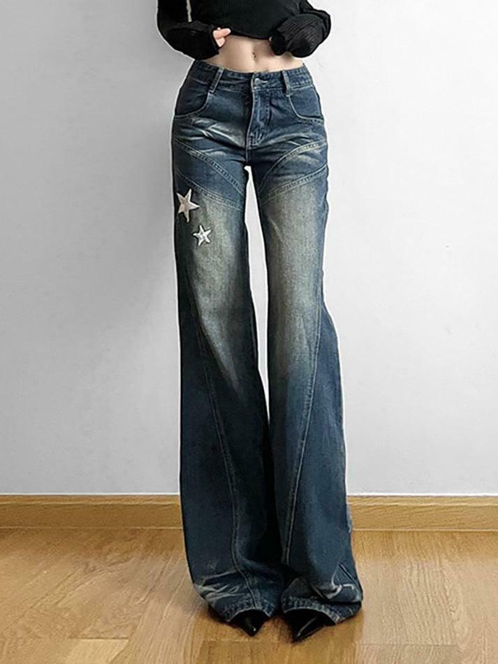 Star Applique Low Waist Wide-Leg Jeans: Y2K Fashion with a Grunge Twist Star Applique Low Waist Wide-Leg Jeans: Y2K Fashion with a Grunge Twist