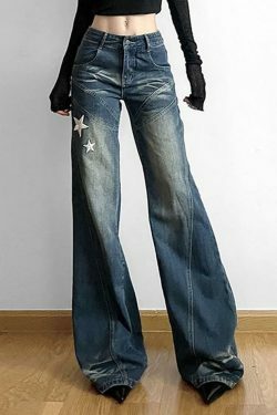 Star Applique Low Waist Wide-Leg Jeans: Y2K Fashion with a Grunge Twist