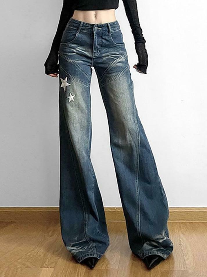 Star Applique Low Waist Wide-Leg Jeans: Y2K Fashion with a Grunge Twist Star Applique Low Waist Wide-Leg Jeans: Y2K Fashion with a Grunge Twist