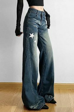Star Applique Low Waist Wide-Leg Jeans: Y2K Fashion with a Grunge Twist