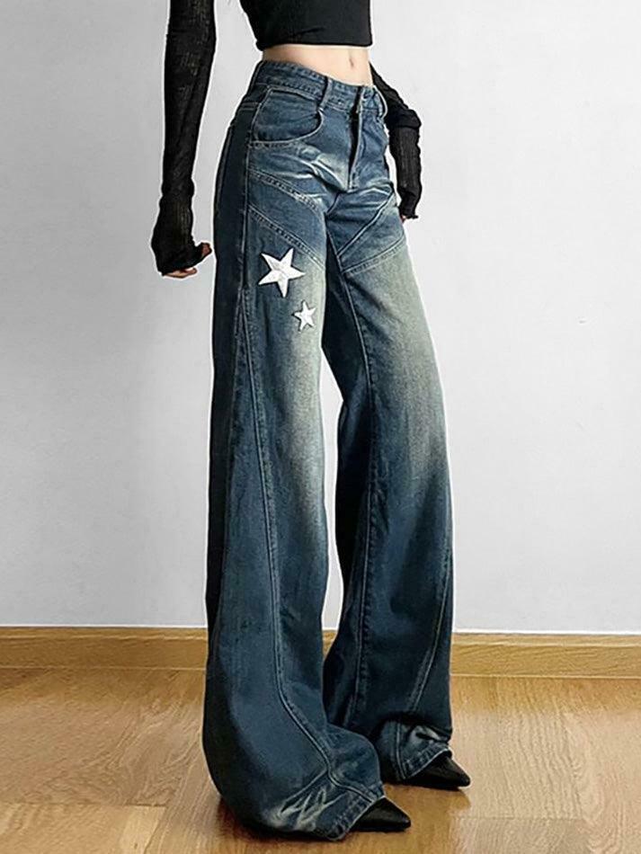 Star Applique Low Waist Wide-Leg Jeans: Y2K Fashion with a Grunge Twist Star Applique Low Waist Wide-Leg Jeans: Y2K Fashion with a Grunge Twist