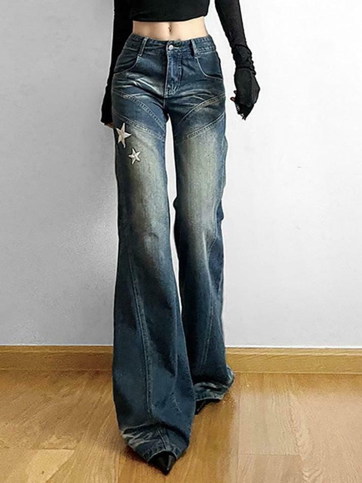 Star Applique Low Waist Wide-Leg Jeans: Y2K Fashion with a Grunge Twist Star Applique Low Waist Wide-Leg Jeans: Y2K Fashion with a Grunge Twist
