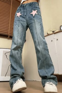 Star Embroidery High Waist Boyfriend Jeans - Y2K Aesthetic Denim with Coquette Style Touch