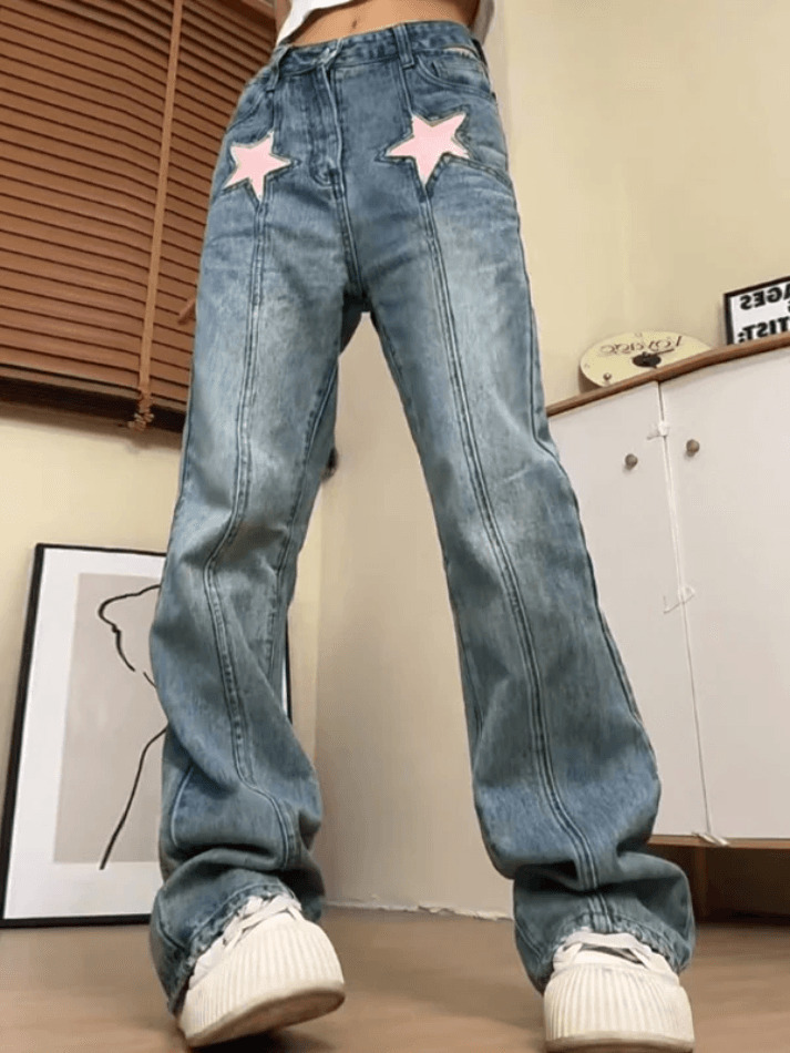 Star Embroidery High Waist Boyfriend Jeans - Y2K Aesthetic Denim with Coquette Style Touch Star Embroidery High Waist Boyfriend Jeans - Y2K Aesthetic Denim with Coquette Style Touch