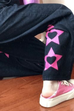 Star Heart Pattern Boyfriend Jeans - Y2K Aesthetic Denim with Coquette Style & Grunge Flair