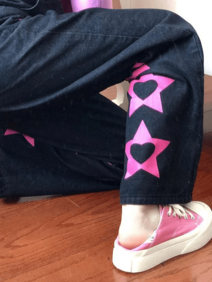 Star Heart Pattern Boyfriend Jeans - Y2K Aesthetic Denim with Coquette Style & Grunge Flair Star Heart Pattern Boyfriend Jeans - Y2K Aesthetic Denim with Coquette Style & Grunge Flair