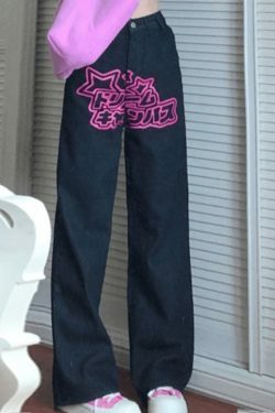 Star Heart Pattern Boyfriend Jeans - Y2K Aesthetic Denim with Coquette Style & Grunge Flair