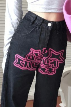 Star Heart Pattern Boyfriend Jeans - Y2K Aesthetic Denim with Coquette Style & Grunge Flair