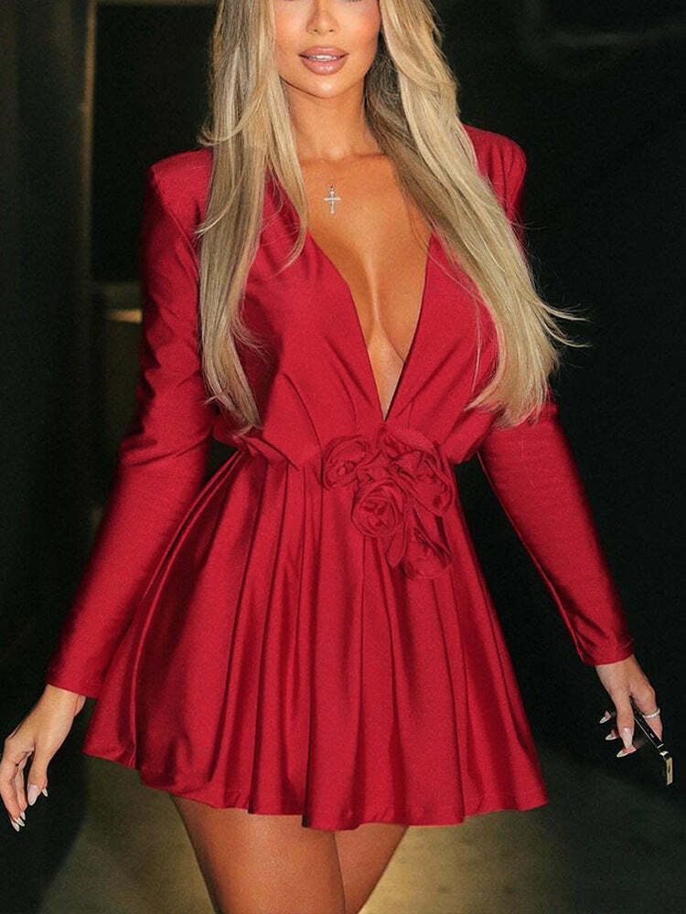 Stitched 3D Flower Red Dress - Y2K Fashion Coquette Aesthetic Grunge Style Stitched 3D Flower Red Dress - Y2K Fashion Coquette Aesthetic Grunge Style