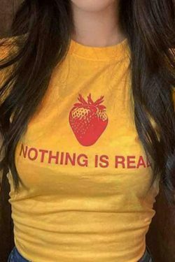 Strawberry Letter Print Crop Tee - Y2K Aesthetic Top - Coquette Grunge Outfit