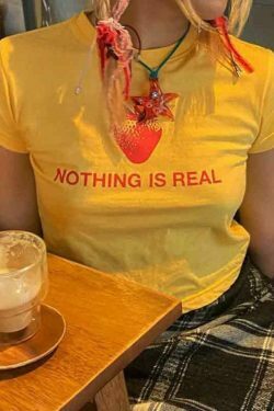 Strawberry Letter Print Crop Tee - Y2K Aesthetic Top - Coquette Grunge Outfit