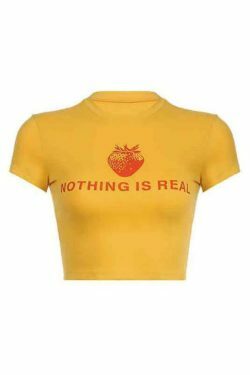 Strawberry Letter Print Crop Tee - Y2K Aesthetic Top - Coquette Grunge Outfit